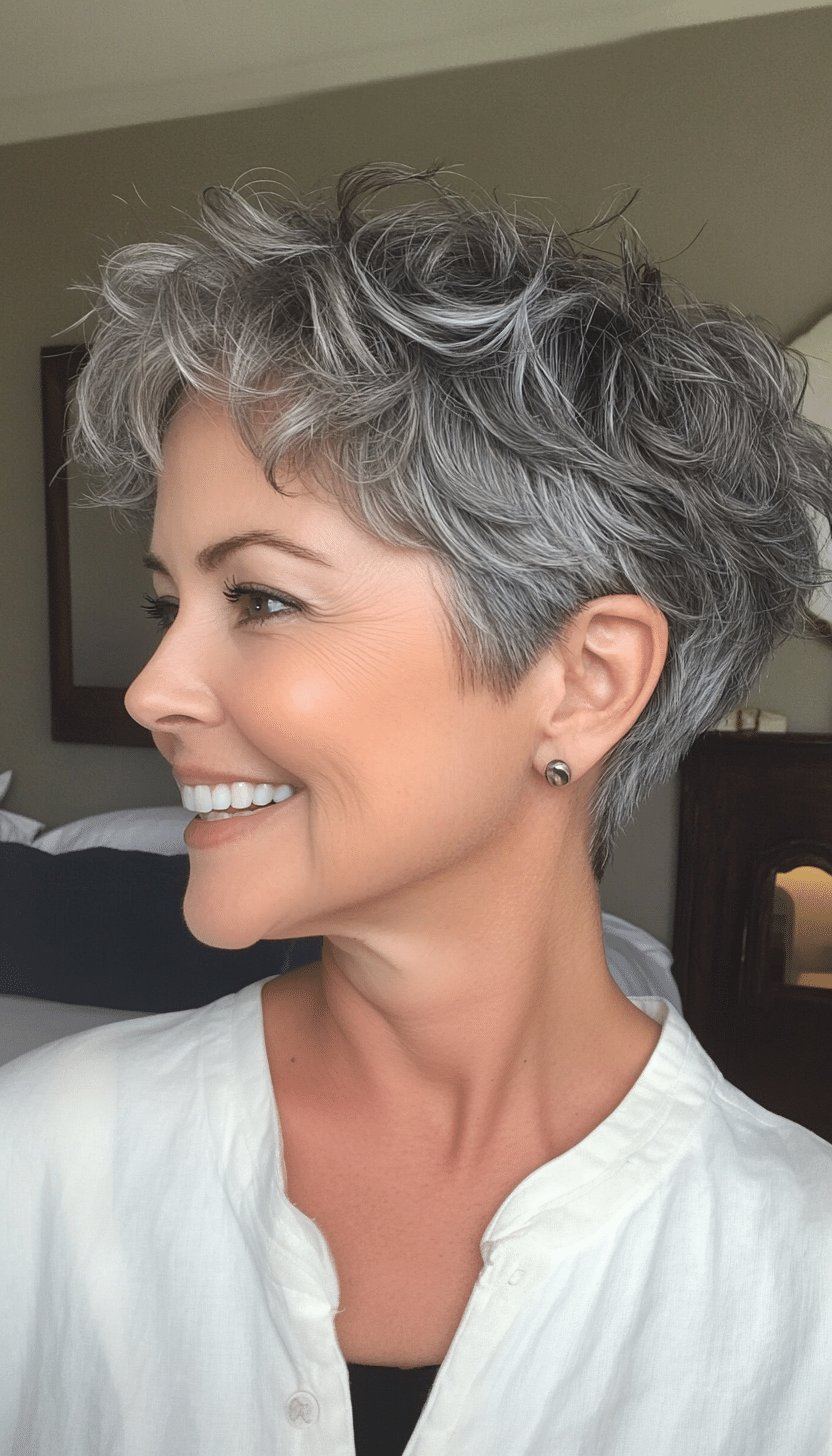 14. Curled Undercut Pixie in Natural Gray (Short Hairstyles For Women Over 50 With Thick Hair) - Short Hairstyles For Women Over 50 With Thick Hair