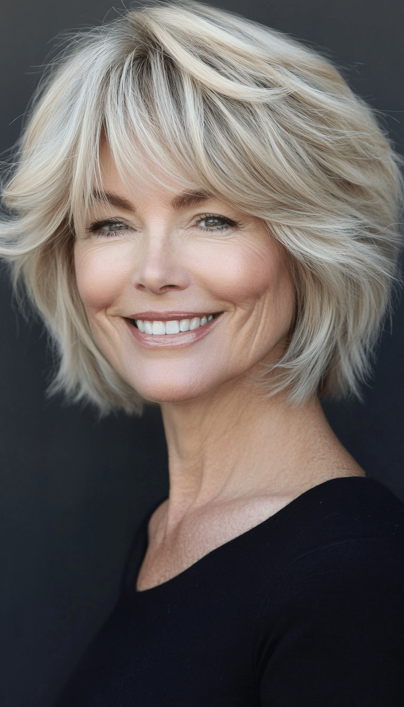 16. Short Layered Cut with Wispy Bangs in Sandy Blonde (Short Hairstyles For Women Over 50 With Thick Hair) - Short Hairstyles For Women Over 50 With Thick Hair