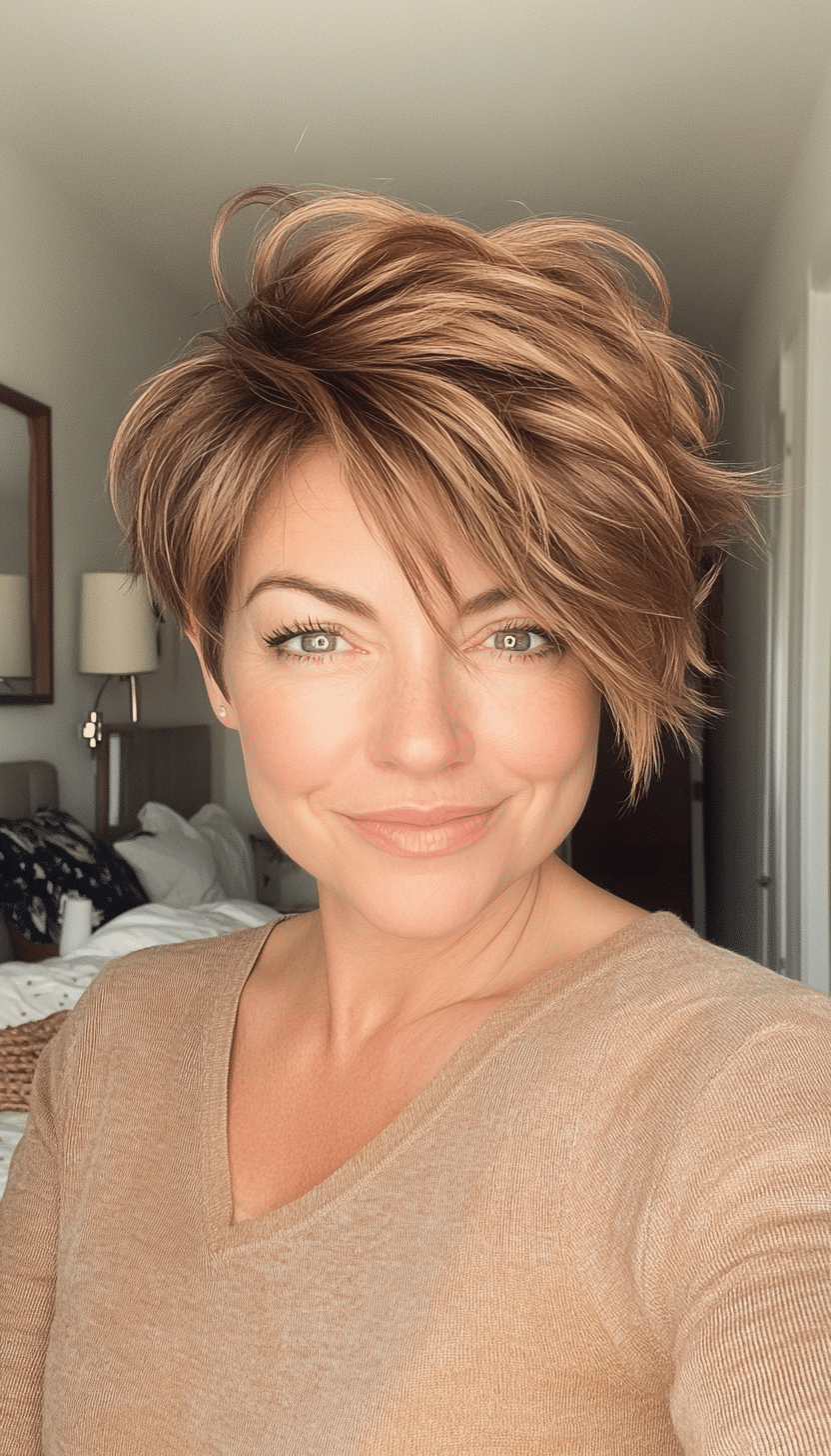 22. Messy Pixie with Side Layers in Light Golden Brown (Short Hairstyles For Women Over 50 With Thick Hair) - Short Hairstyles For Women Over 50 With Thick Hair