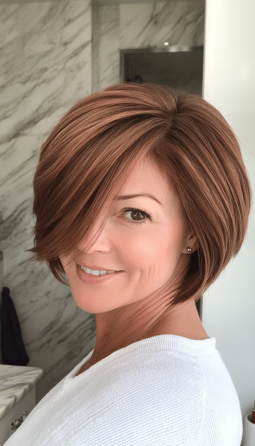 23. Stacked Bob in Auburn Brown (Short Hairstyles For Women Over 50 With Thick Hair) - Short Hairstyles For Women Over 50 With Thick Hair