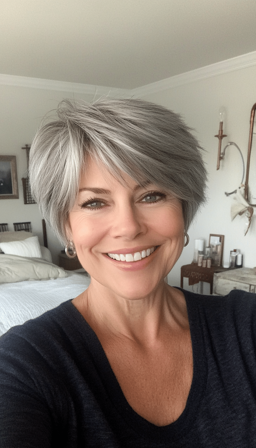 24. Cropped Shag in Silver Gray (Short Hairstyles For Women Over 50 With Thick Hair) - Short Hairstyles For Women Over 50 With Thick Hair