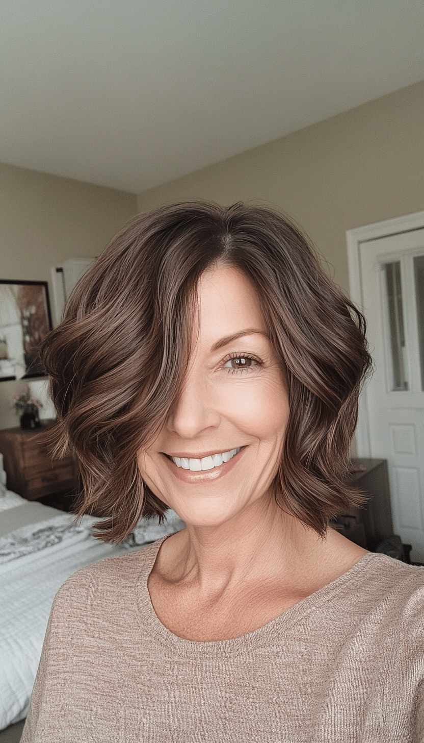 25. Wavy Lob in Dark Ash Brown (Short Hairstyles For Women Over 50 With Thick Hair) - Short Hairstyles For Women Over 50 With Thick Hair