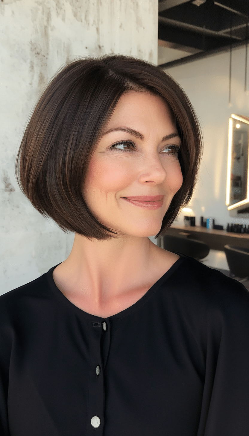 12. Sleek Blunt Bob in Natural Brunette (Short Bob Haircuts For Older Women) - Short Bob Haircuts For Older Women