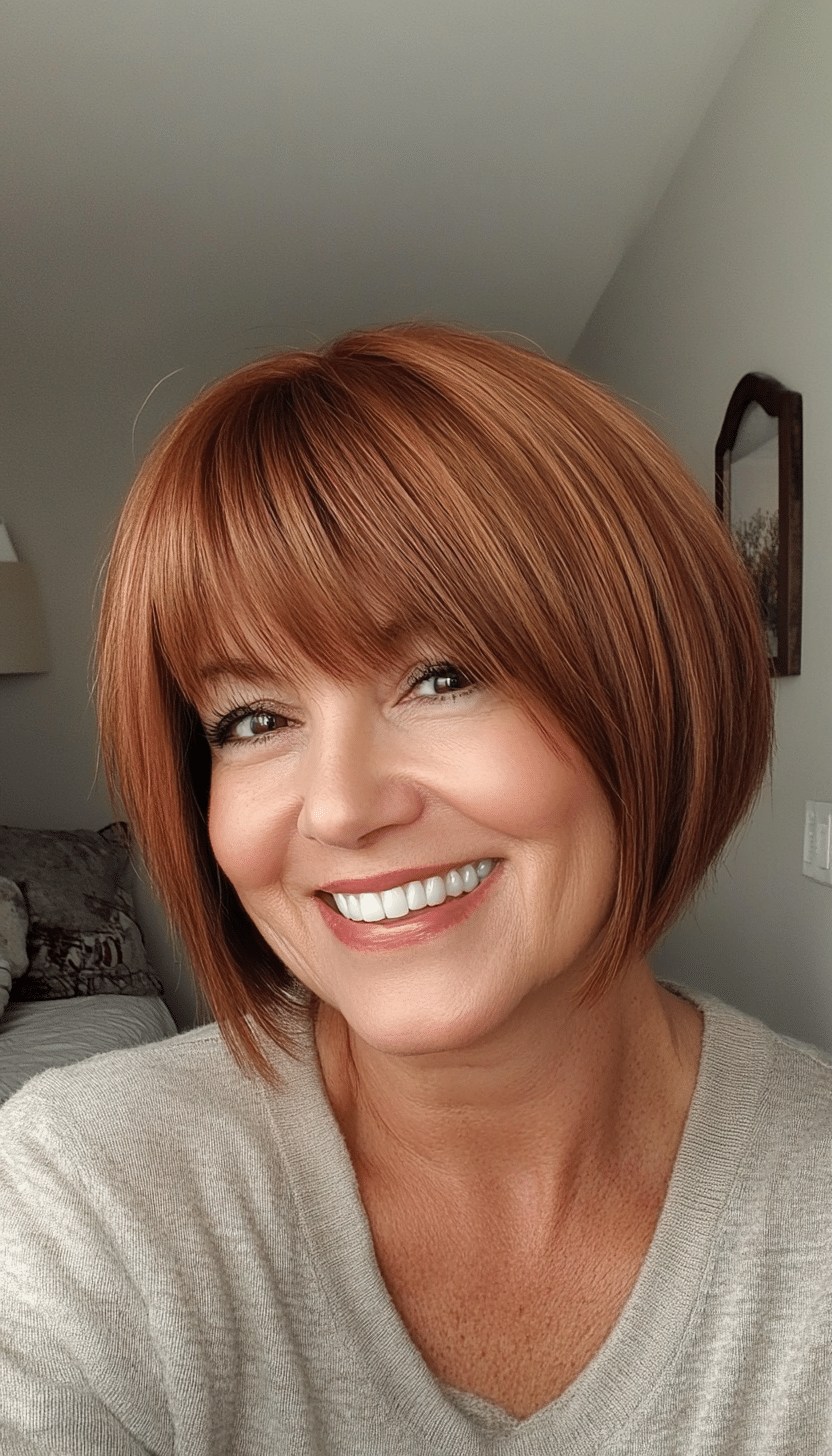 24. Ear-Length Bob with Wispy Bangs in Medium Auburn (Short Bob Haircuts For Older Women) - Short Bob Haircuts For Older Women
