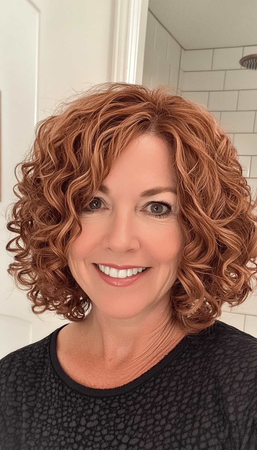 2. Chin-Length Curly Bob with Subtle Auburn Highlights (Curly Bob Hairstyles For Over 50) - Curly Bob Hairstyles For Over 50
