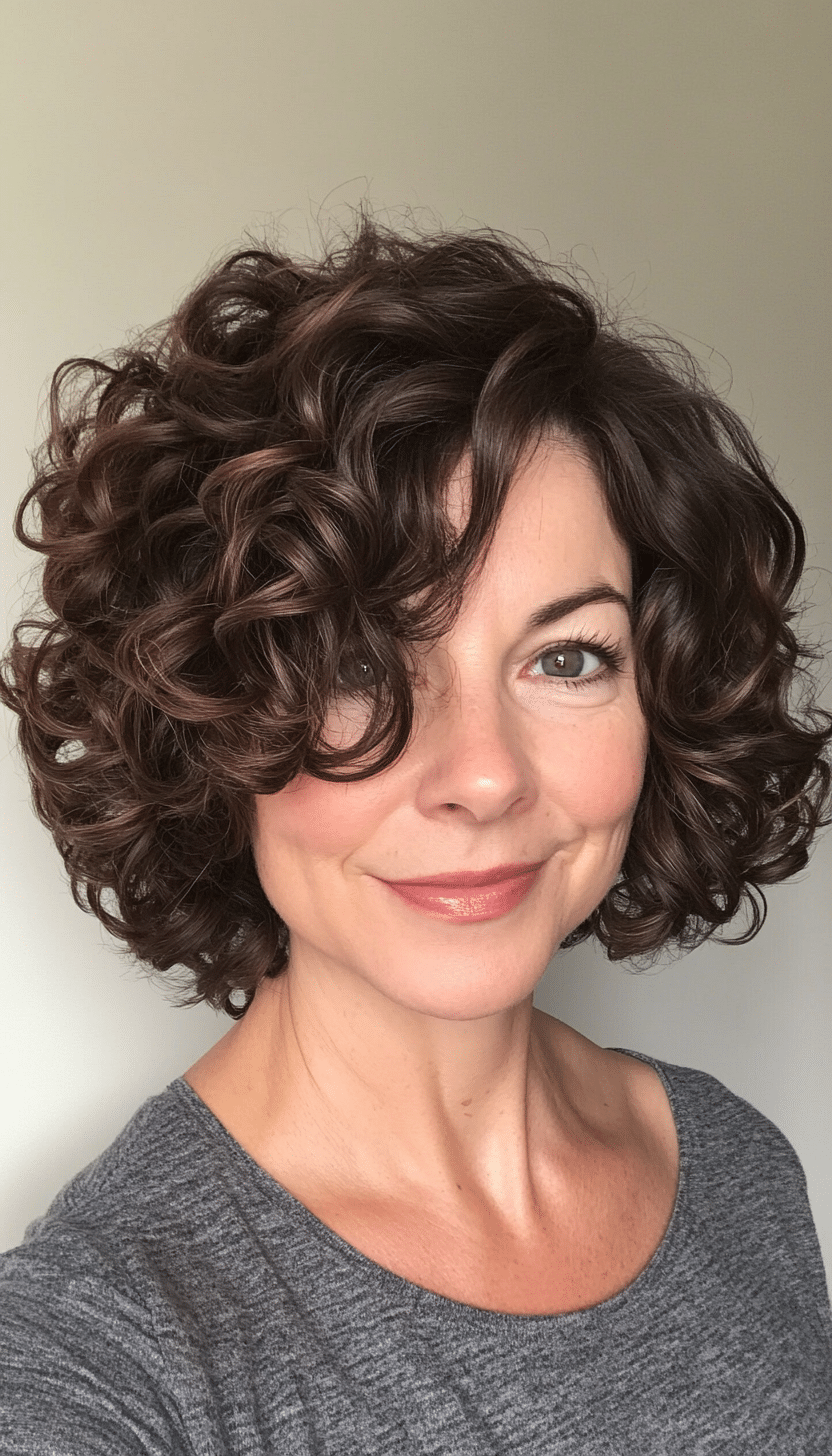 6. Side-Parted Curly Bob in Dark Chocolate Brown (Curly Bob Hairstyles For Over 50) - Curly Bob Hairstyles For Over 50