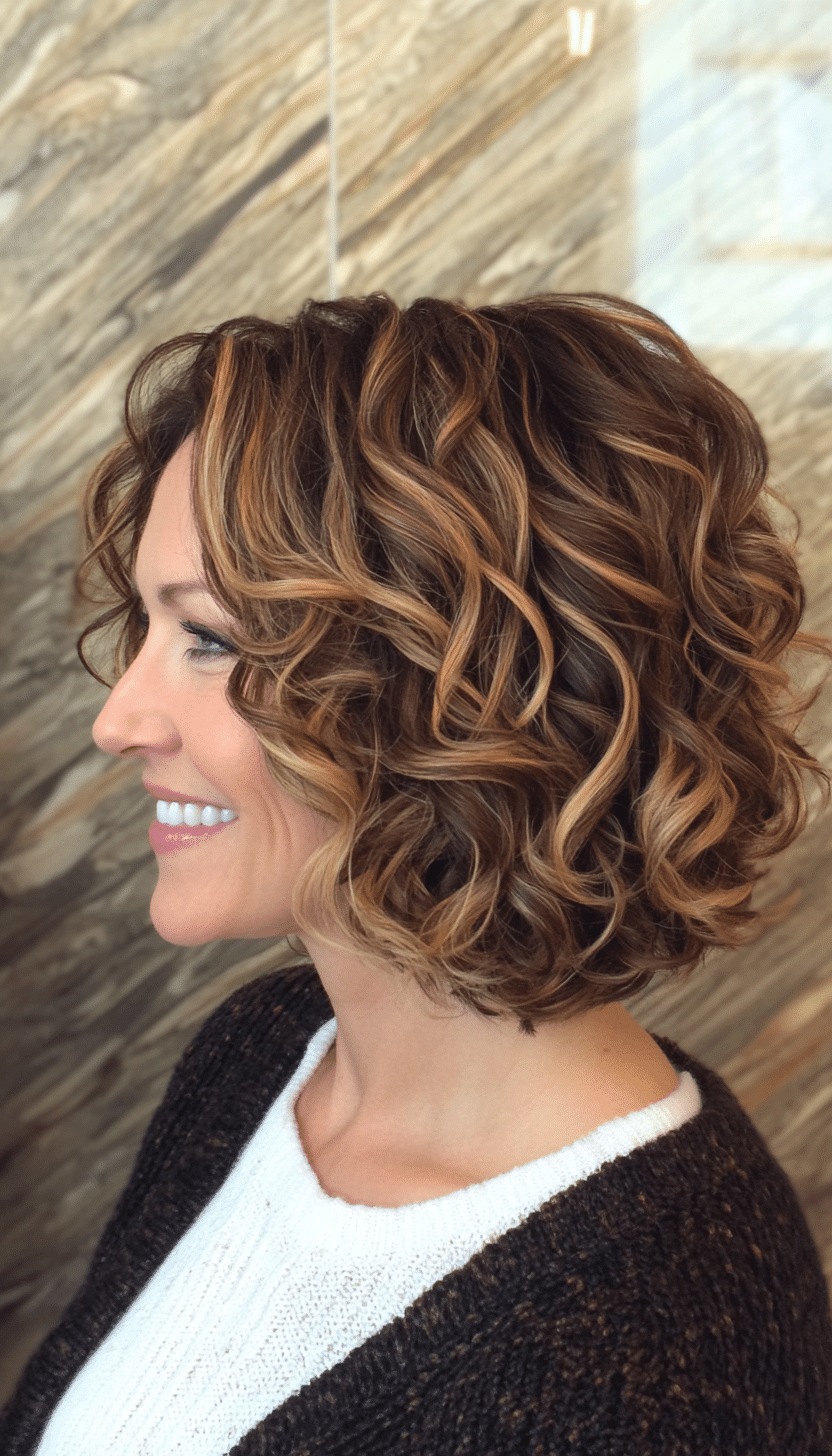 7. Tousled Curly Bob with Caramel Balayage (Curly Bob Hairstyles For Over 50) - Curly Bob Hairstyles For Over 50