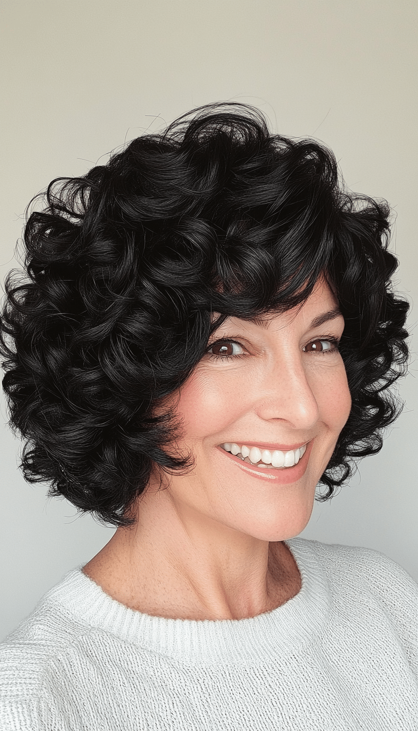 12. Stacked Curly Bob in Classic Black (Curly Bob Hairstyles For Over 50) - Curly Bob Hairstyles For Over 50