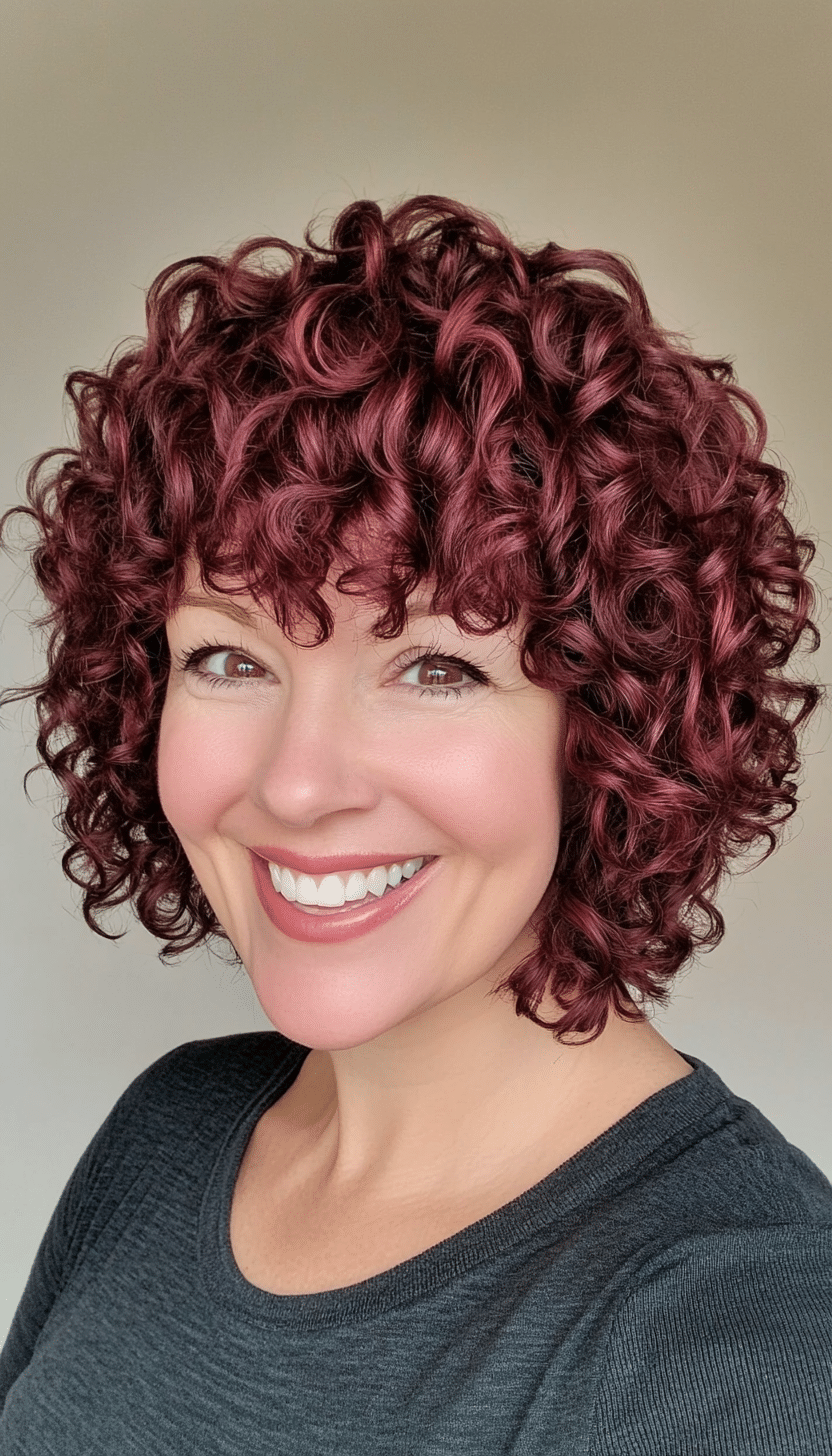 13. Cropped Curly Bob in Deep Burgundy (Curly Bob Hairstyles For Over 50) - Curly Bob Hairstyles For Over 50
