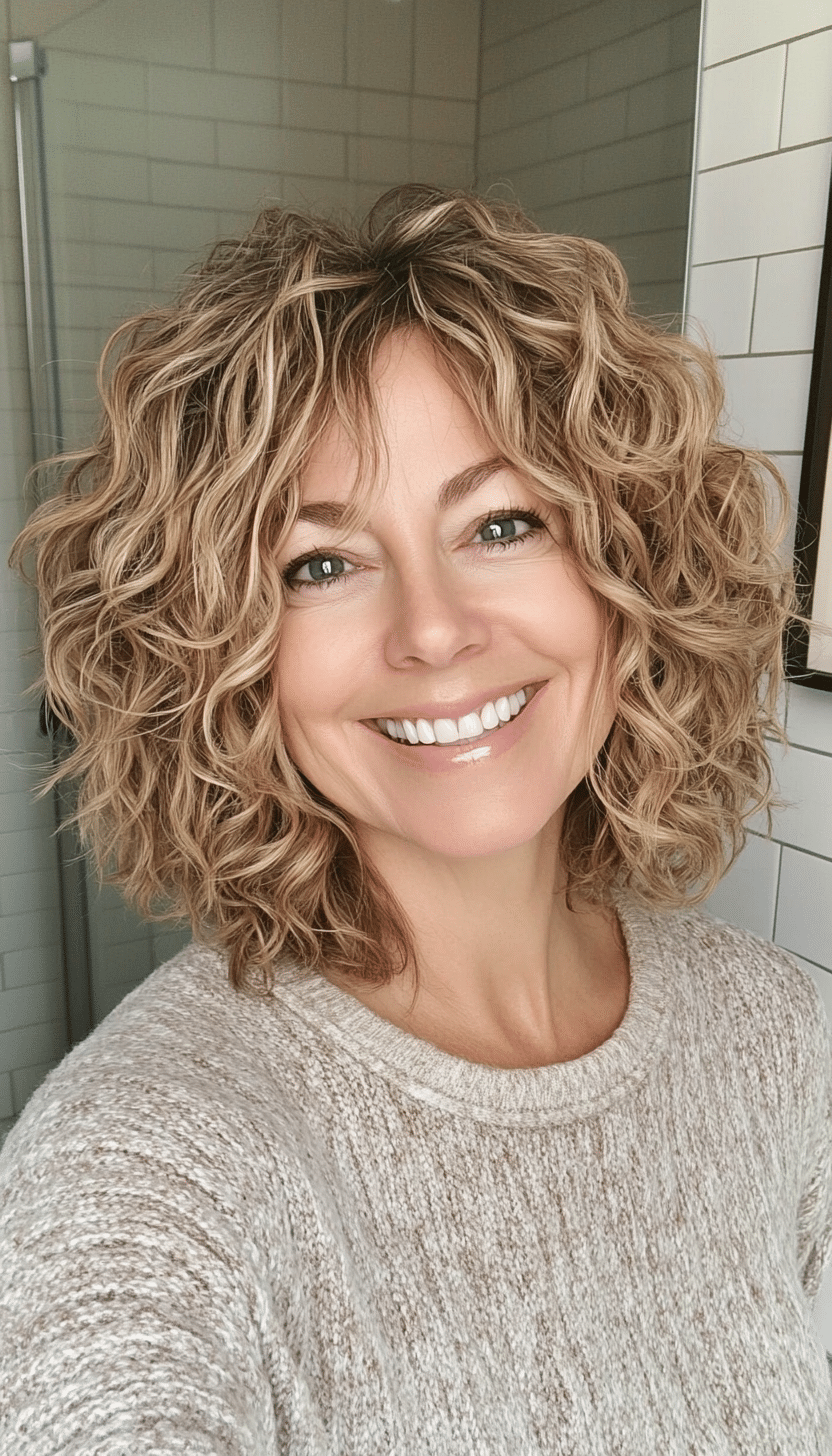 14. Shaggy Curly Bob in Warm Honey Blonde (Curly Bob Hairstyles For Over 50) - Curly Bob Hairstyles For Over 50