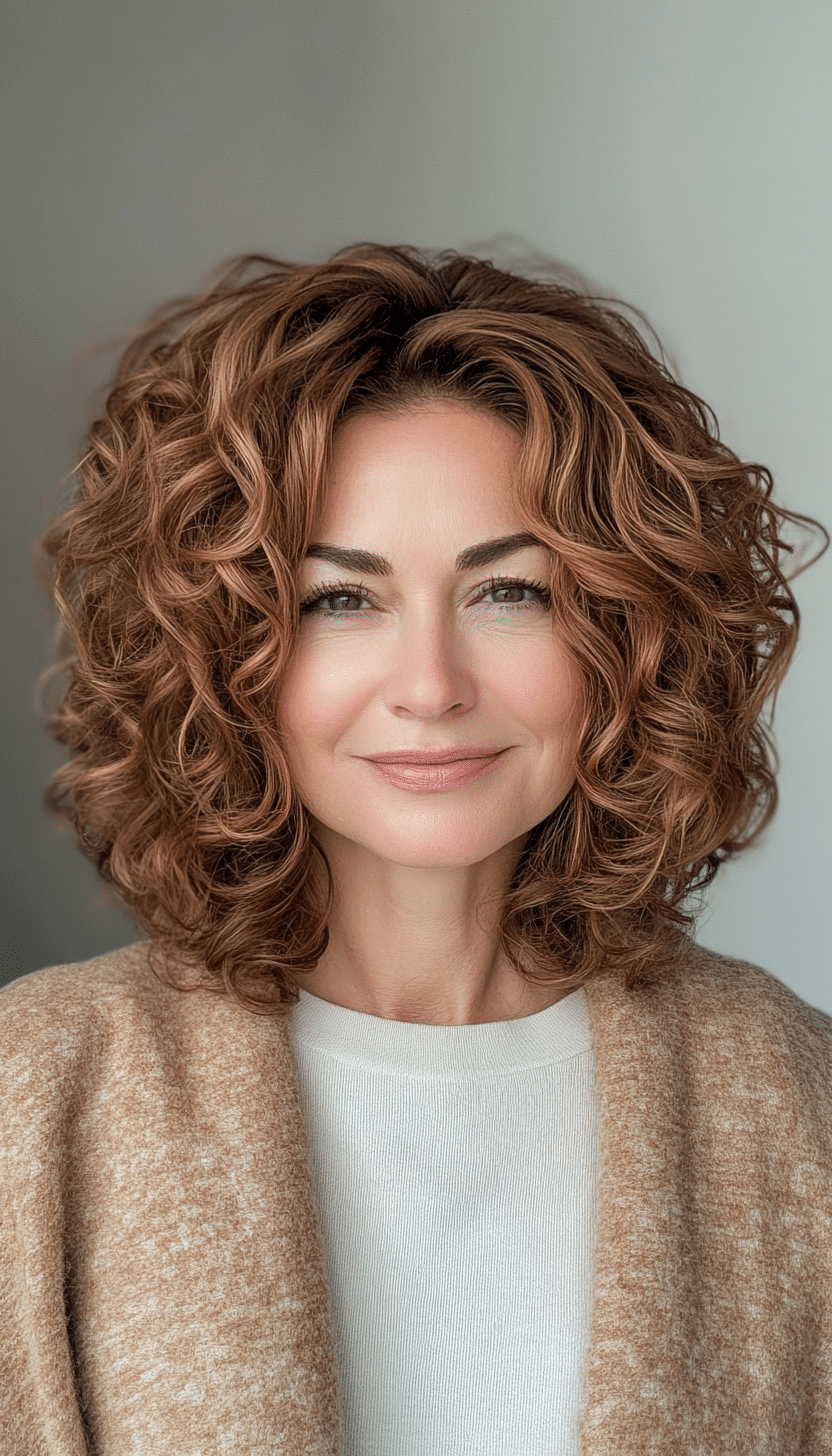 15. Bouncy Curly Bob in Chestnut Brown with Cinnamon Lowlights (Curly Bob Hairstyles For Over 50) - Curly Bob Hairstyles For Over 50