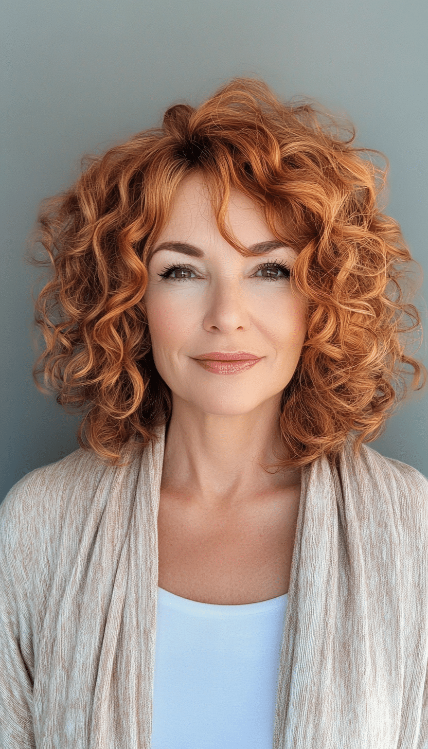 17. Asymmetrical Curly Bob in Soft Copper (Curly Bob Hairstyles For Over 50) - Curly Bob Hairstyles For Over 50