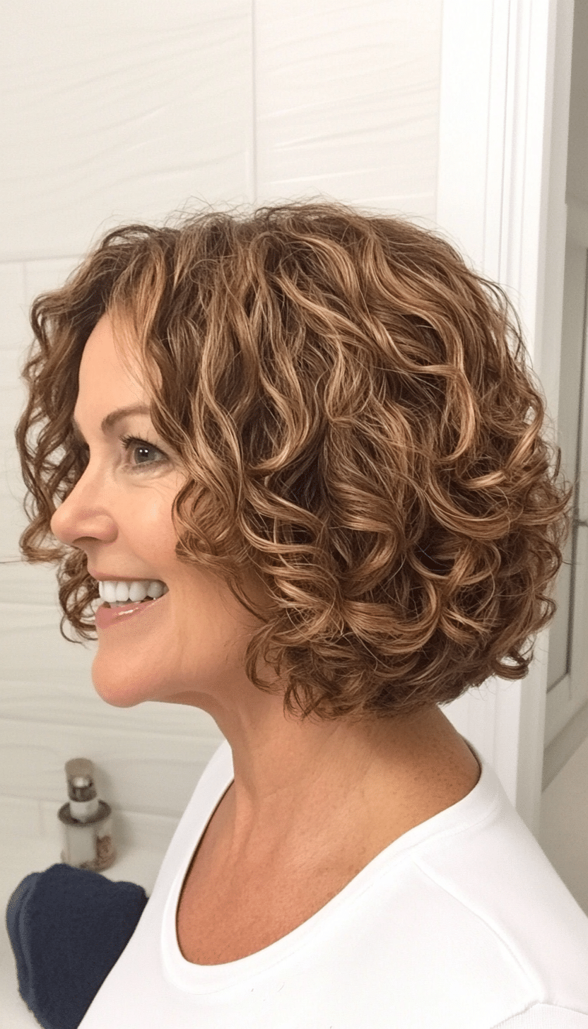 18. Collarbone-Length Curly Bob in Golden Brown (Curly Bob Hairstyles For Over 50) - Curly Bob Hairstyles For Over 50