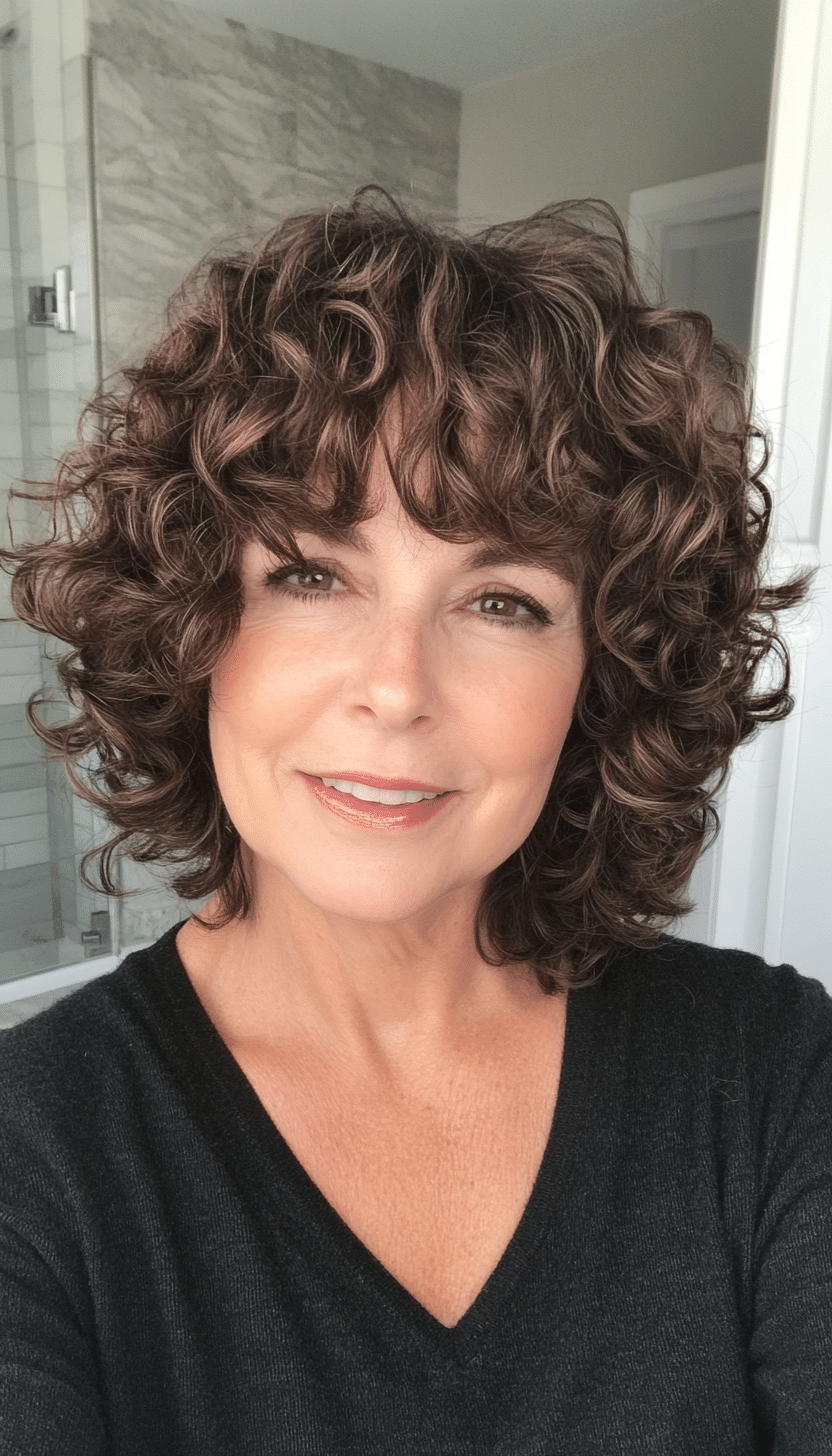 19. Fringe Curly Bob in Deep Mocha (Curly Bob Hairstyles For Over 50) - Curly Bob Hairstyles For Over 50