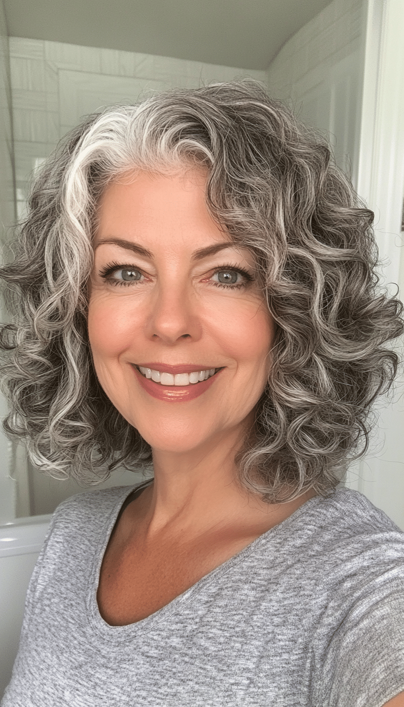 21. Rounded Curly Bob in Natural Gray with White Highlights (Curly Bob Hairstyles For Over 50) - Curly Bob Hairstyles For Over 50