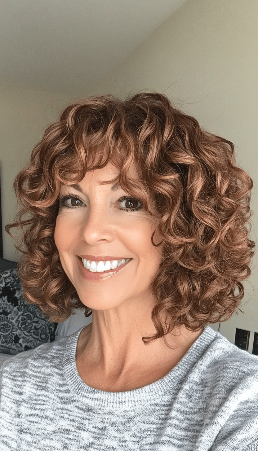 22. Low-Maintenance Curly Bob in Soft Amber Brown (Curly Bob Hairstyles For Over 50) - Curly Bob Hairstyles For Over 50