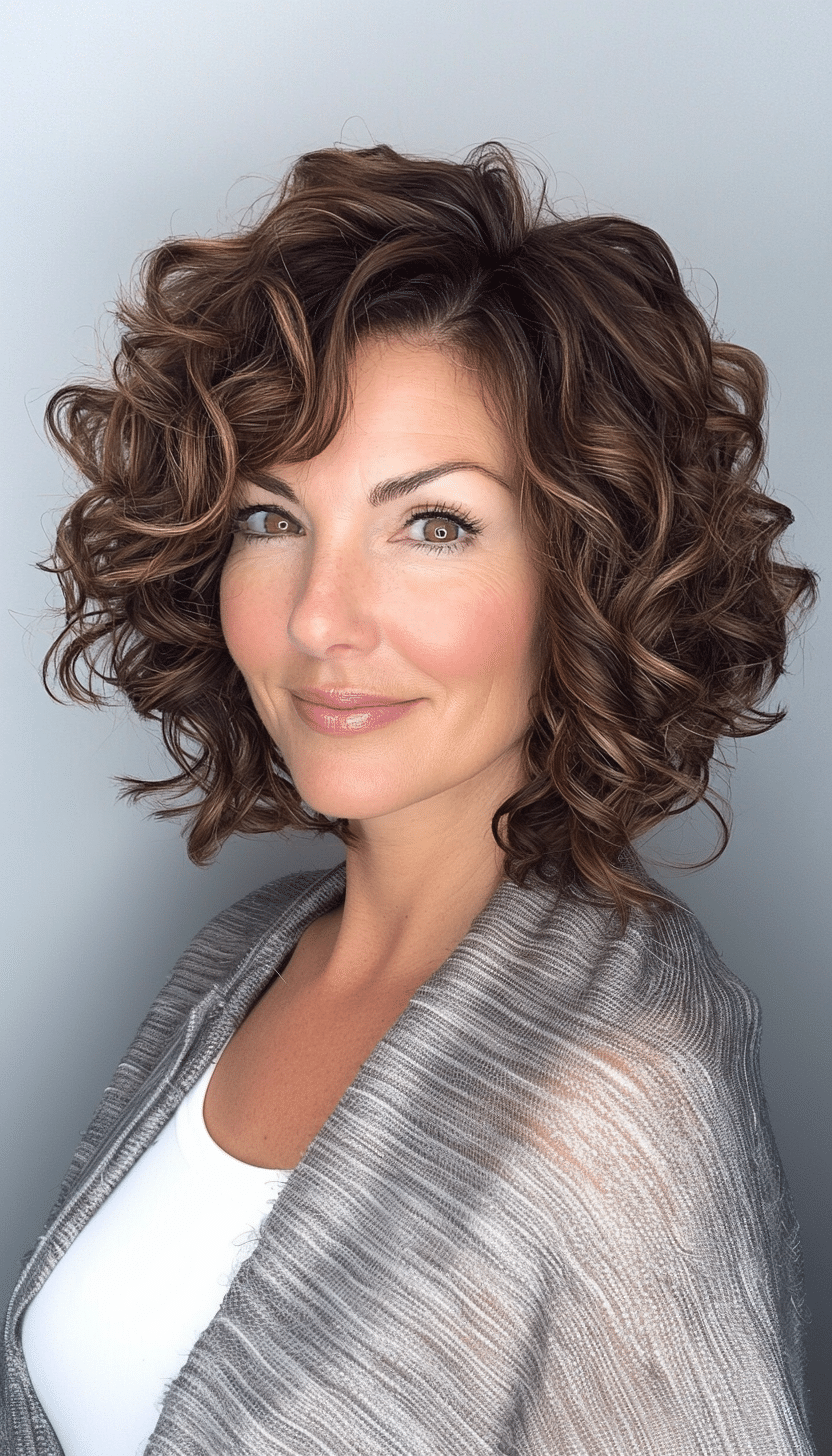 23. Subtle Inverted Curly Bob in Deep Caramel (Curly Bob Hairstyles For Over 50) - Curly Bob Hairstyles For Over 50
