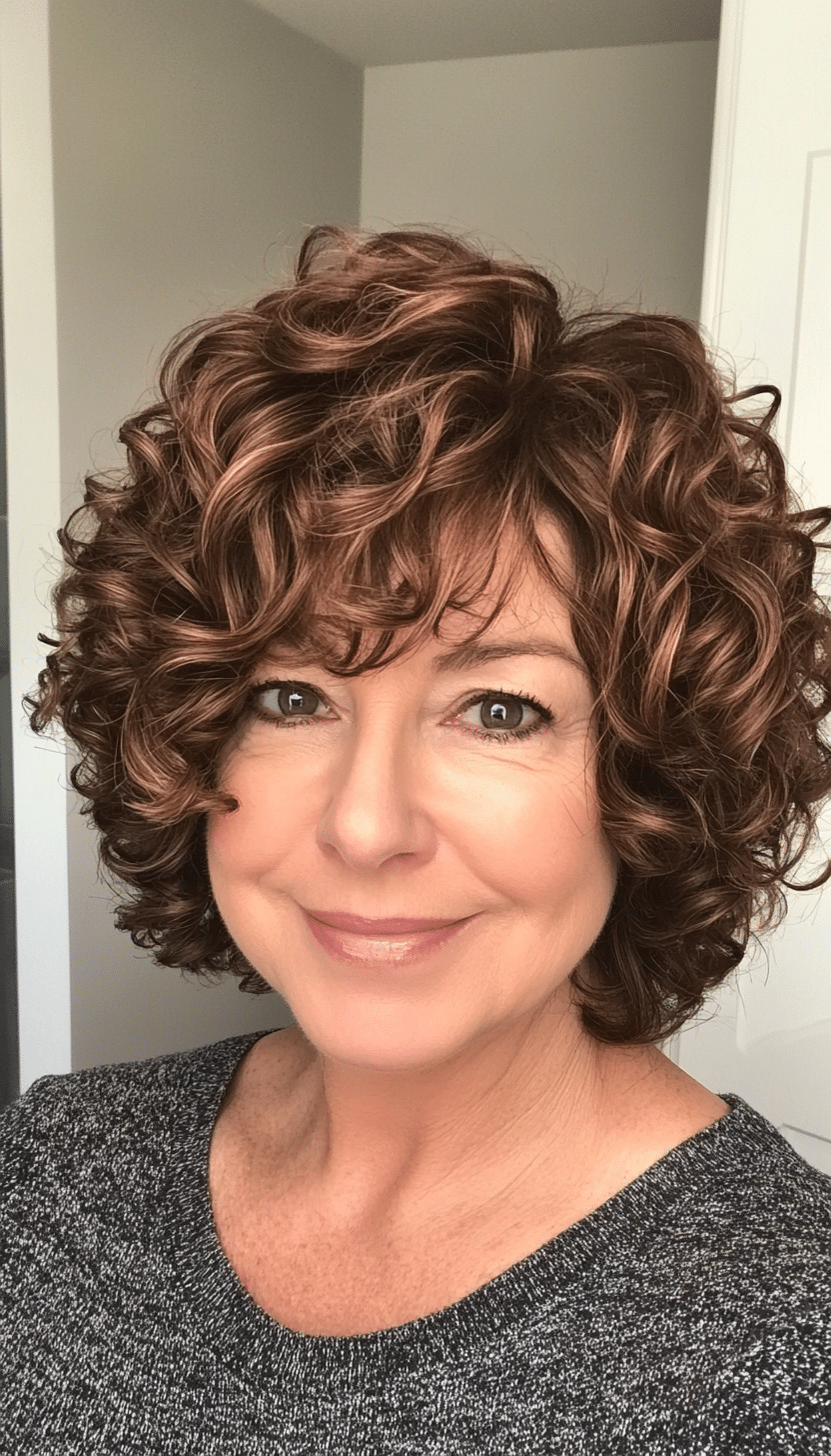 26. Softly Layered Curly Bob in Bronze Brown (Curly Bob Hairstyles For Over 50) - Curly Bob Hairstyles For Over 50