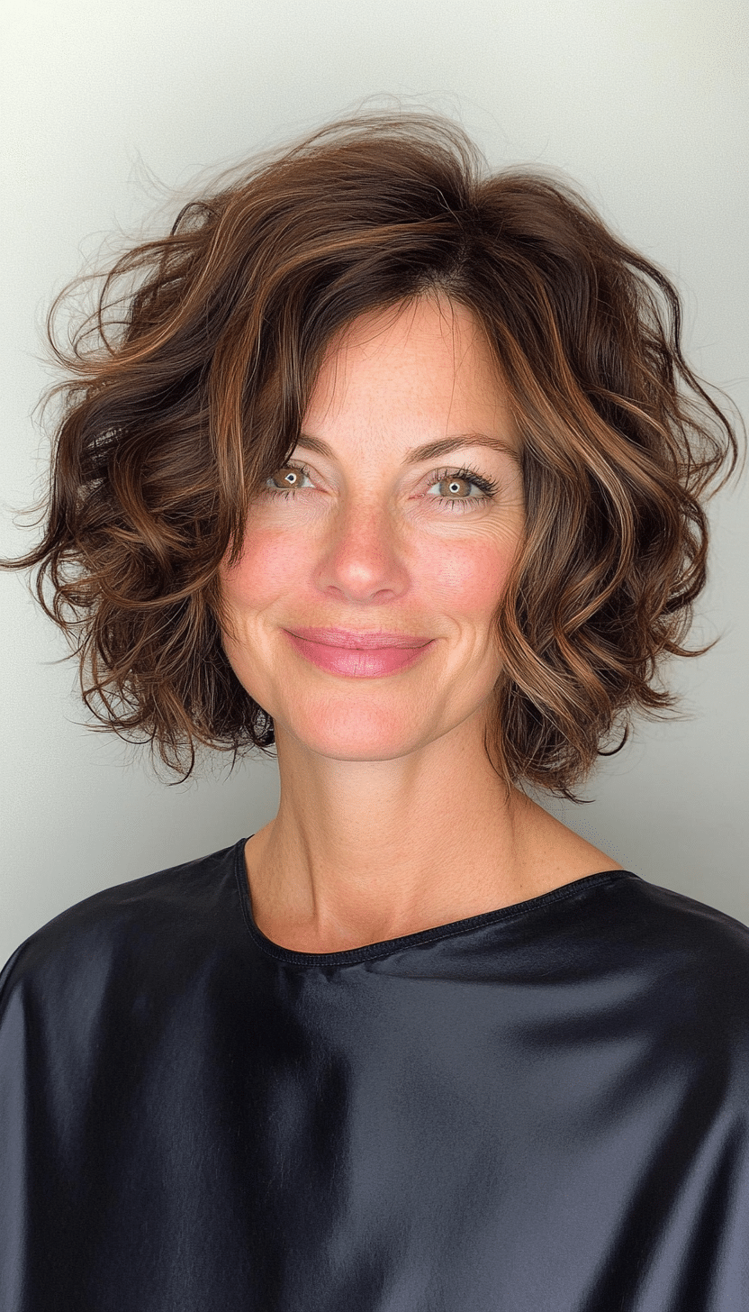27. Choppy Curly Bob in Sun-Kissed Brown (Curly Bob Hairstyles For Over 50) - Curly Bob Hairstyles For Over 50