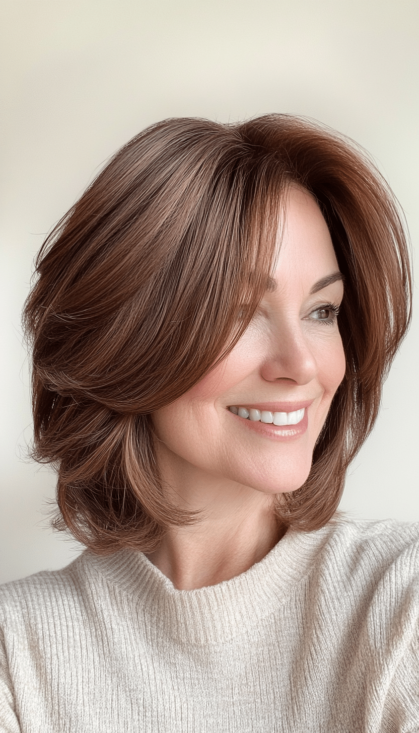1. Soft Layered Bob in Warm Chestnut Brown (Shoulder Length Haircuts For Women Over 50) - Shoulder Length Haircuts For Women Over 50