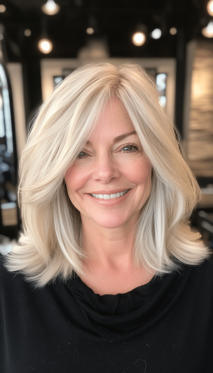 2. Feathered Lob in Natural Ash Blonde (Shoulder Length Haircuts For Women Over 50) - Shoulder Length Haircuts For Women Over 50