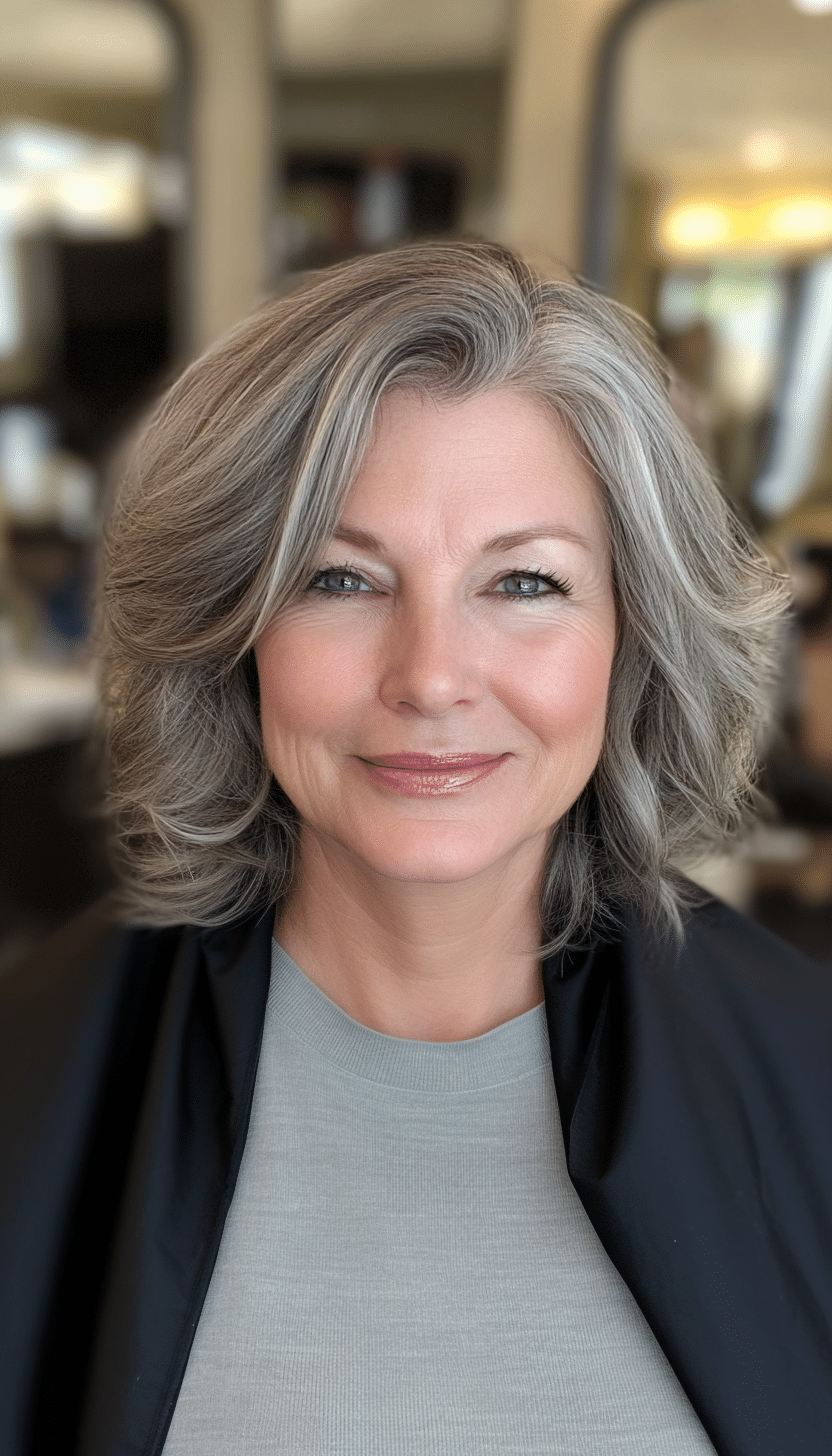 6. Textured Shoulder-Length Cut in Salt & Pepper Blend (Shoulder Length Haircuts For Women Over 50) - Shoulder Length Haircuts For Women Over 50