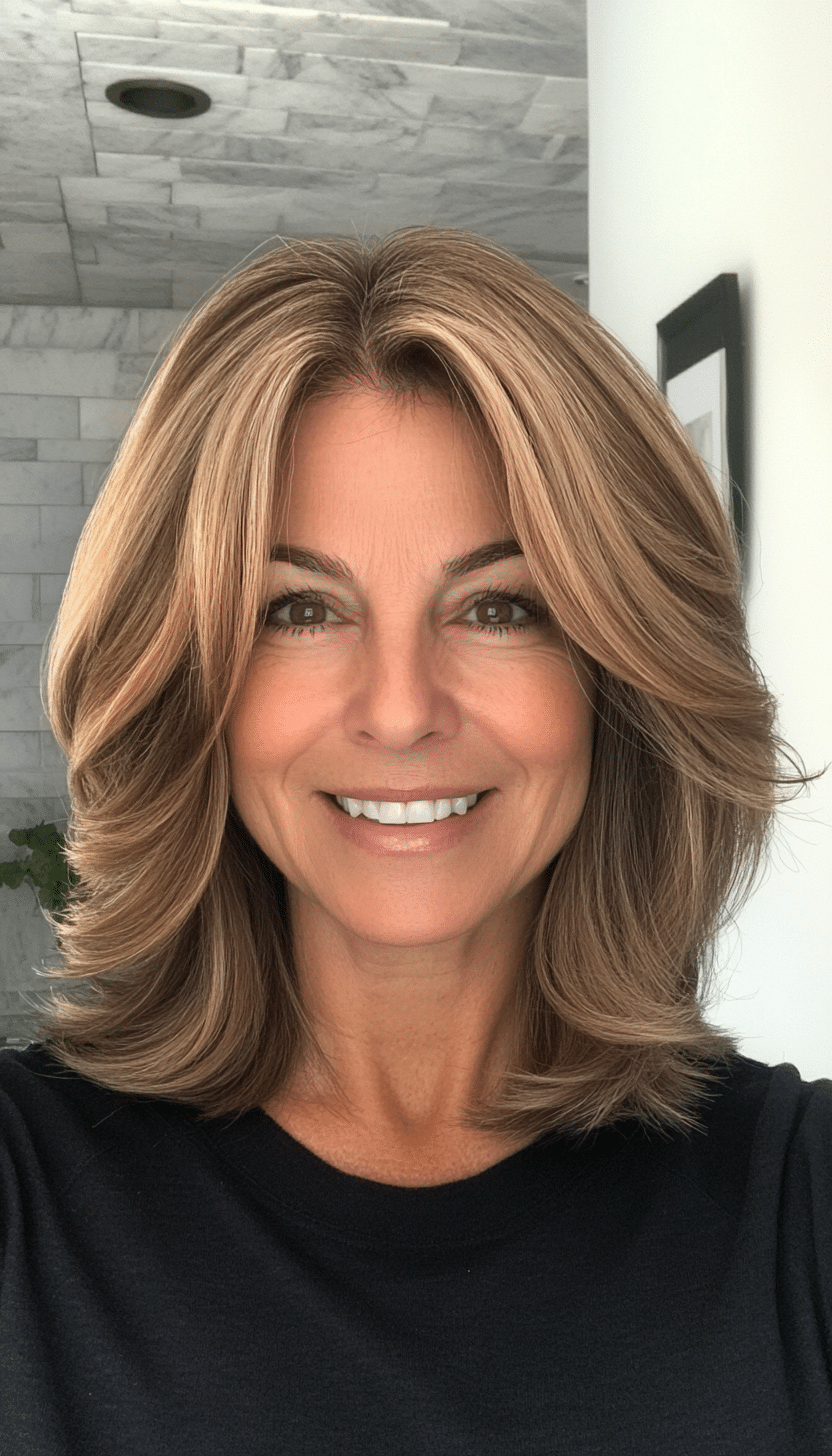 7. Classic Mid-Length Layers in Soft Caramel Brown (Shoulder Length Haircuts For Women Over 50) - Shoulder Length Haircuts For Women Over 50