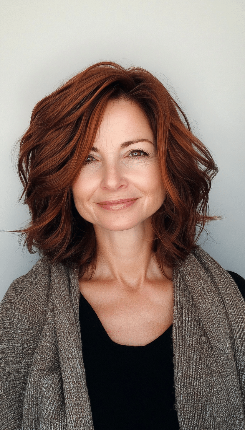 8. Tousled Waves in Dark Auburn (Shoulder Length Haircuts For Women Over 50) - Shoulder Length Haircuts For Women Over 50