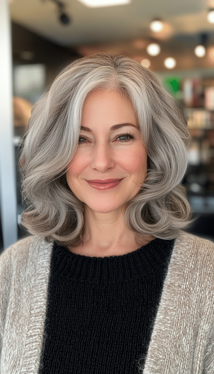 16. Soft Curled Ends in Silky Silver (Shoulder Length Haircuts For Women Over 50) - Shoulder Length Haircuts For Women Over 50