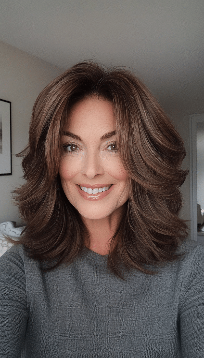 17. Layered Waves in Warm Cocoa Brown (Shoulder Length Haircuts For Women Over 50) - Shoulder Length Haircuts For Women Over 50
