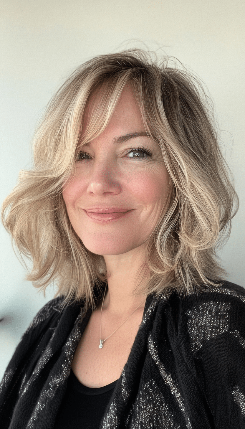 19. Lob with Subtle Side Bangs in Soft Beige Blonde (Shoulder Length Haircuts For Women Over 50) - Shoulder Length Haircuts For Women Over 50