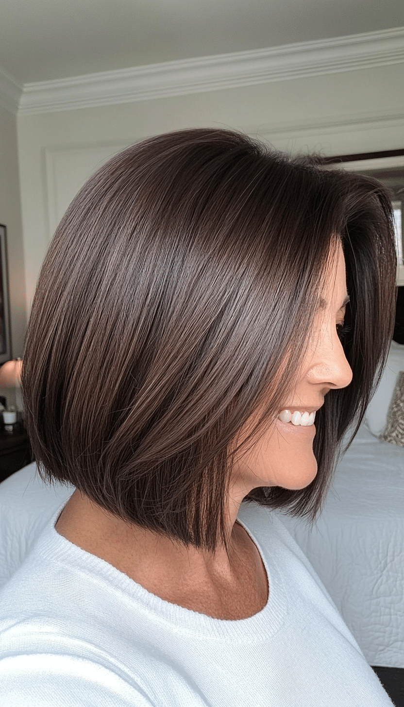 20. Shoulder-Length Bob with Feathered Ends in Deep Espresso Brown (Shoulder Length Haircuts For Women Over 50) - Shoulder Length Haircuts For Women Over 50