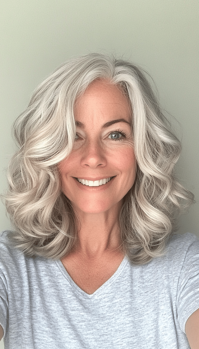 21. Curled Lob in Silver Blonde Blend (Shoulder Length Haircuts For Women Over 50) - Shoulder Length Haircuts For Women Over 50