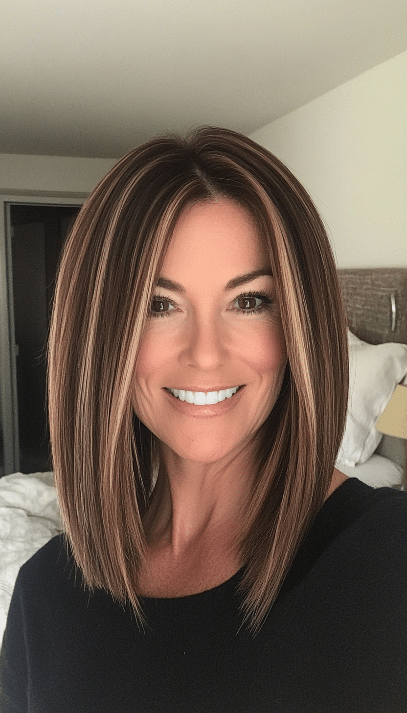 23. Straight Mid-Length Cut with Blended Highlights in Natural Brunette (Shoulder Length Haircuts For Women Over 50) - Shoulder Length Haircuts For Women Over 50