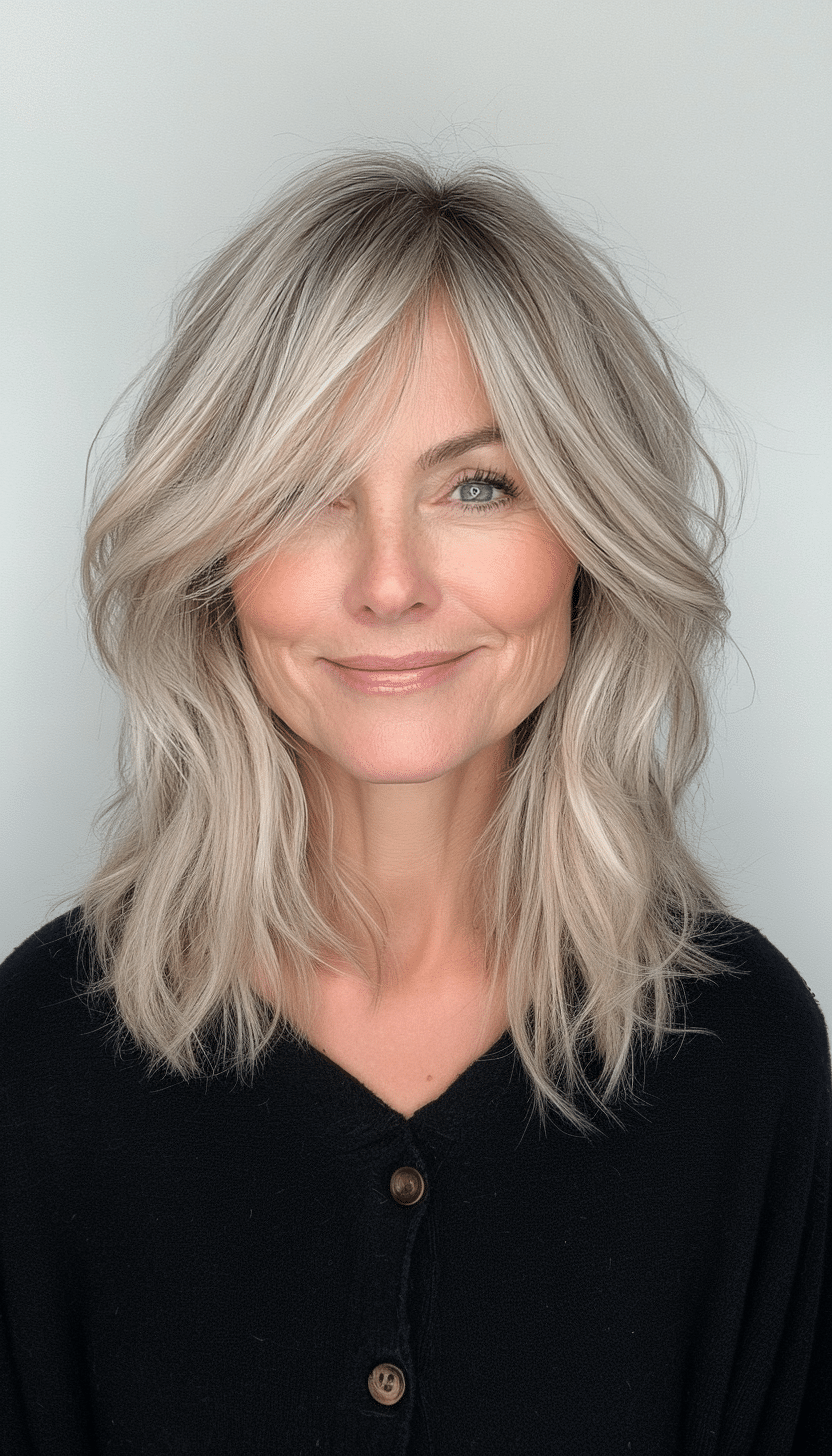 24. Tousled Lob with Wispy Bangs in Cool Ash Blonde (Shoulder Length Haircuts For Women Over 50) - Shoulder Length Haircuts For Women Over 50