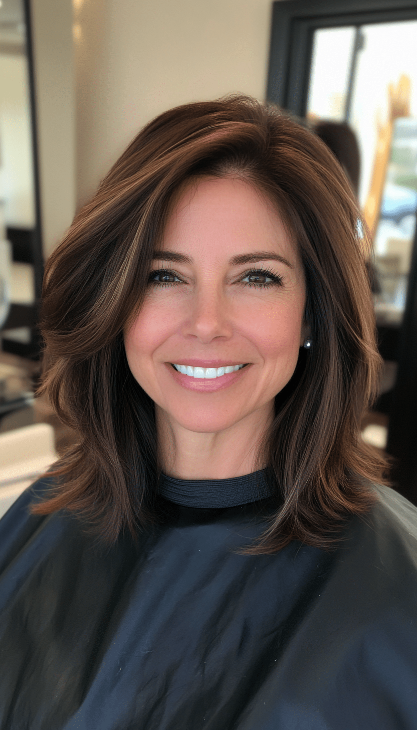 25. Classic Shoulder-Length Cut in Dark Brown with Soft Highlights (Shoulder Length Haircuts For Women Over 50) - Shoulder Length Haircuts For Women Over 50