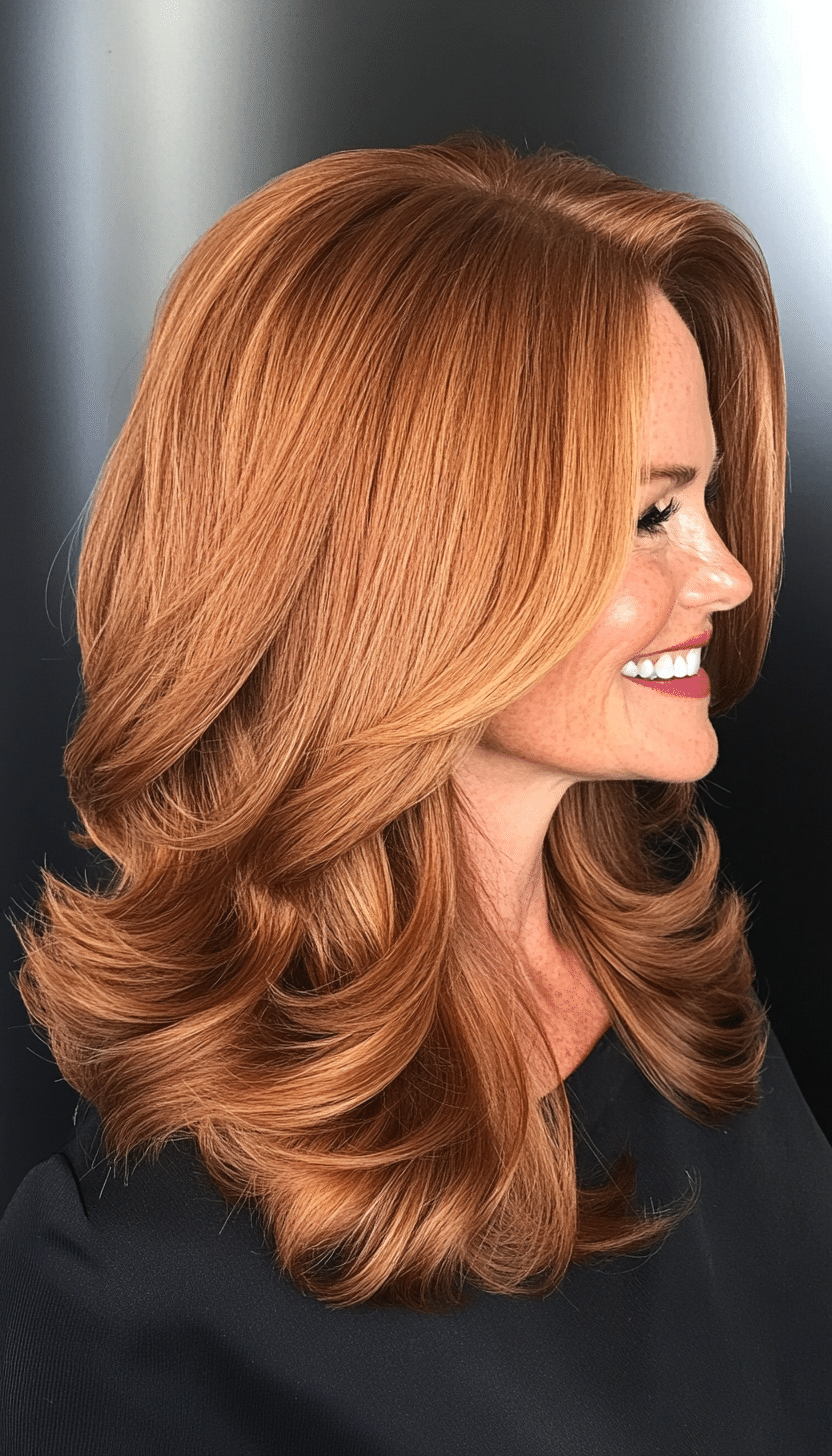 26. Layered Shoulder-Length Waves in Cinnamon Brown (Shoulder Length Haircuts For Women Over 50) - Shoulder Length Haircuts For Women Over 50