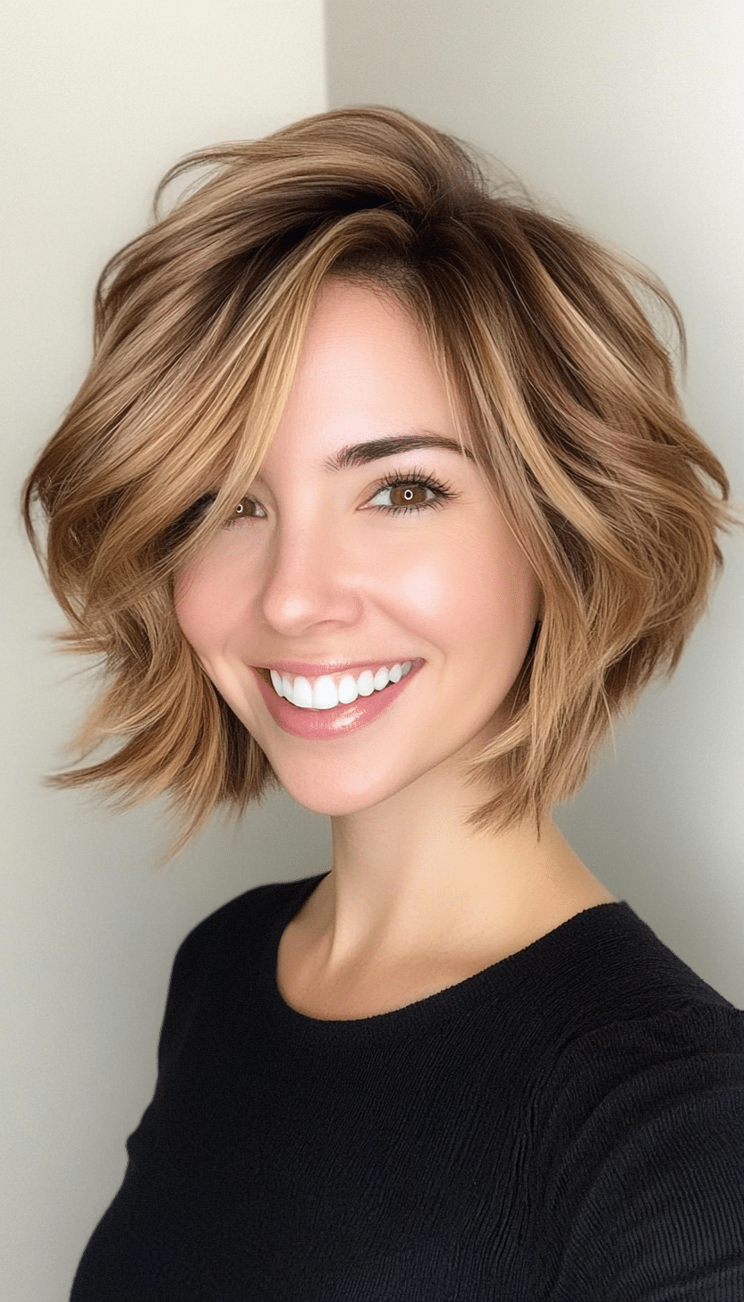 8. Feathered Bob in Golden Brunette (Short Hairstyles With Layers) - Short Hairstyles With Layers