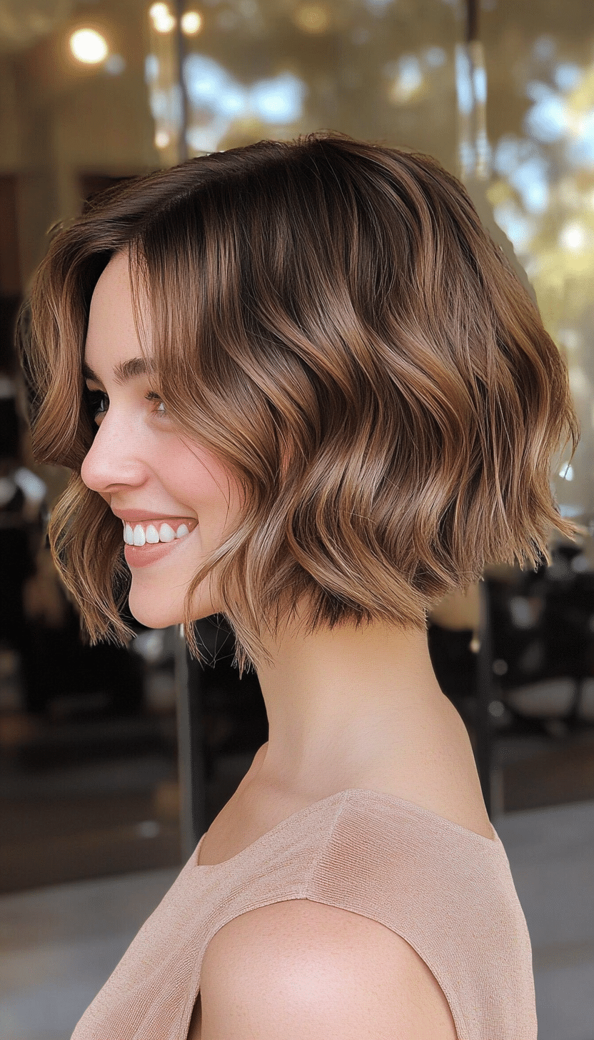 13. Wavy Layered Bob in Warm Hazelnut (Short Hairstyles With Layers) - Short Hairstyles With Layers