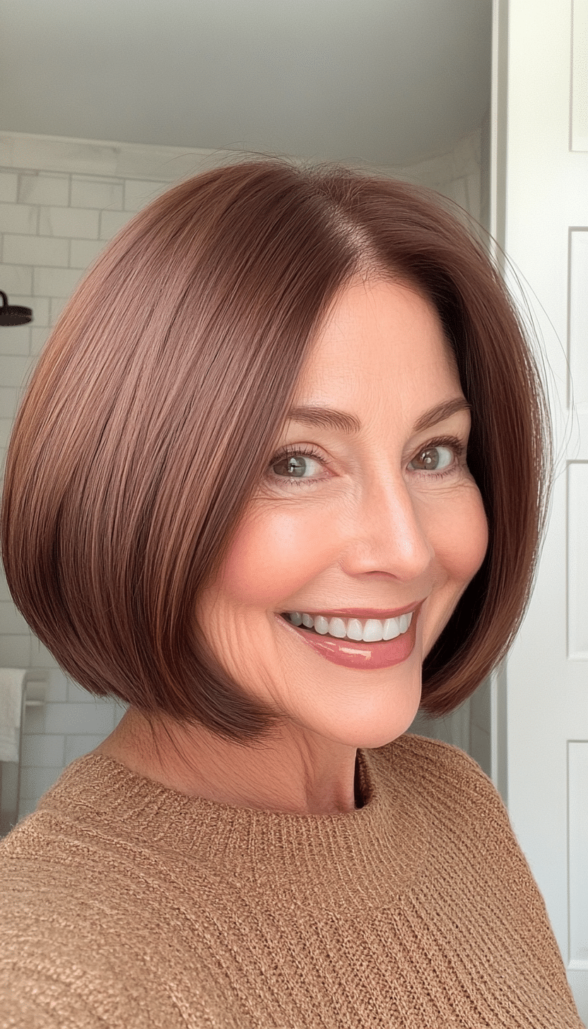 2. Chin-Length Bob in Warm Chestnut (Bob Hairstyles For Women Over 60) - Bob Hairstyles For Women Over 60