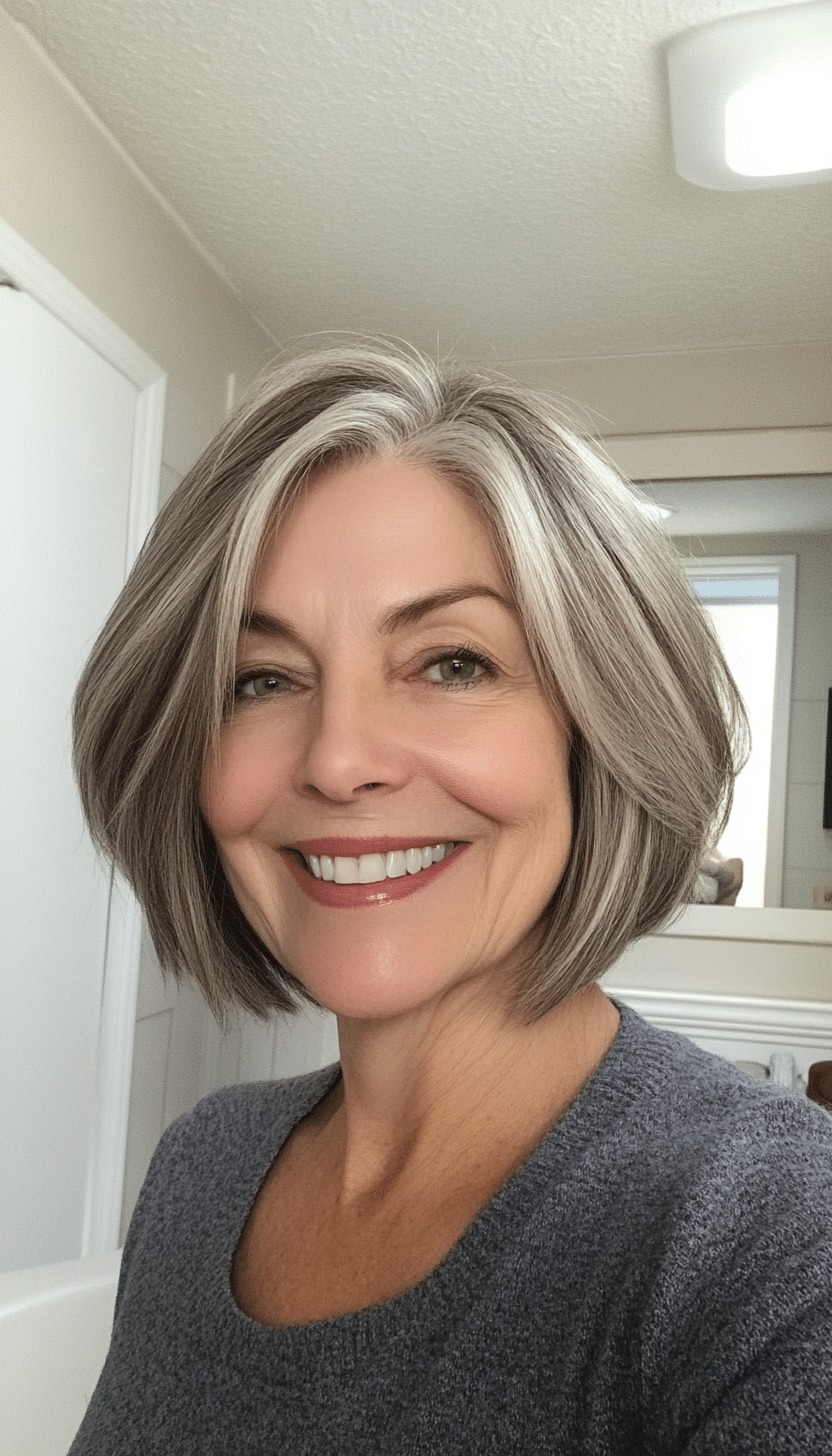 8. Stacked Bob in Salt and Pepper (Bob Hairstyles For Women Over 60) - Bob Hairstyles For Women Over 60