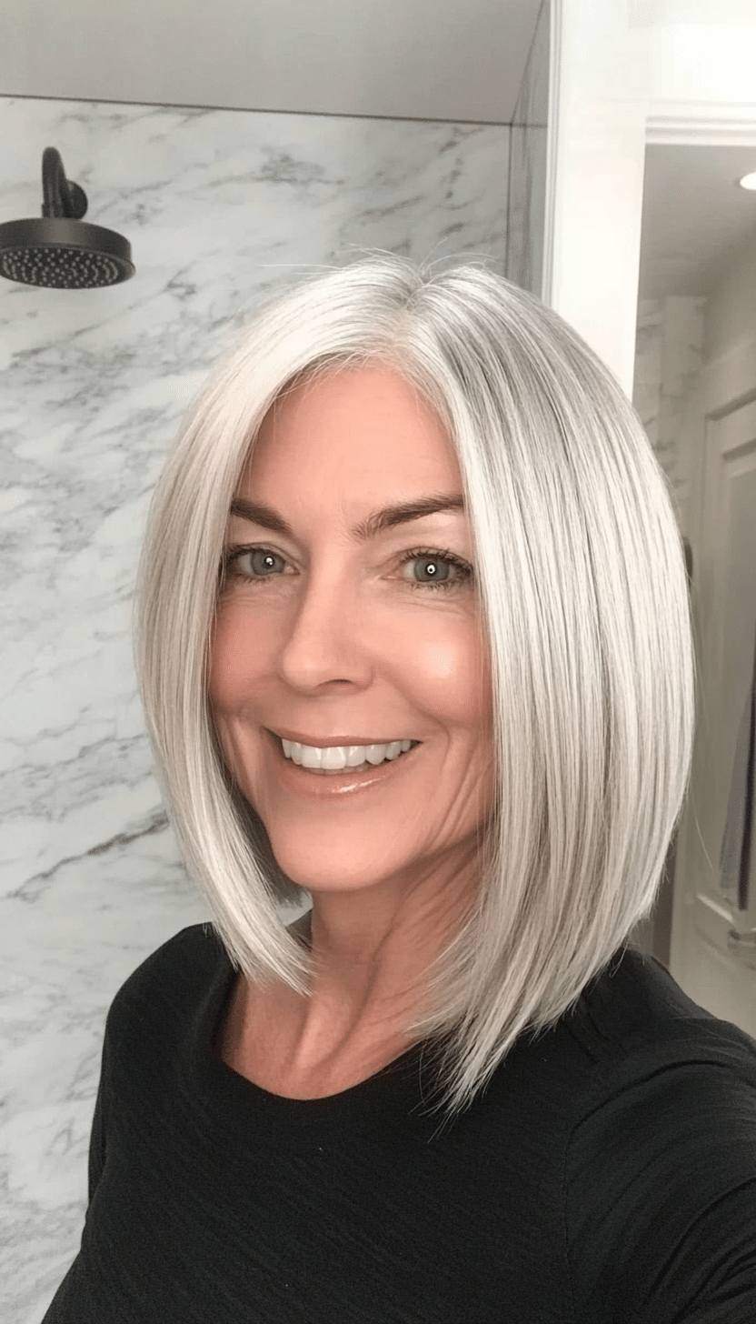 12. Angled Bob in Silver Blonde (Bob Hairstyles For Women Over 60) - Bob Hairstyles For Women Over 60