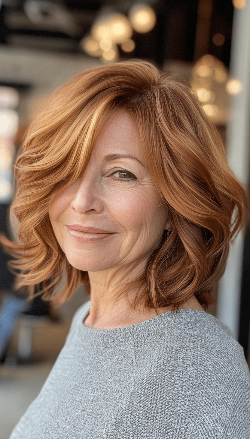 15. Wavy Lob in Soft Cinnamon (Bob Hairstyles For Women Over 60) - Bob Hairstyles For Women Over 60