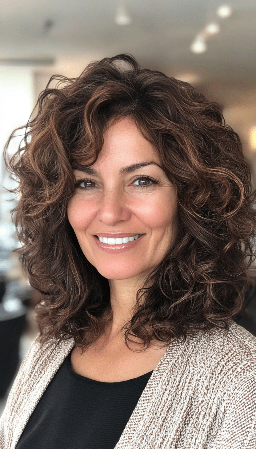 1. Soft Layered Curls in Chestnut Brown (Curly Hairstyles For Women Over 40) - Curly Hairstyles For Women Over 40