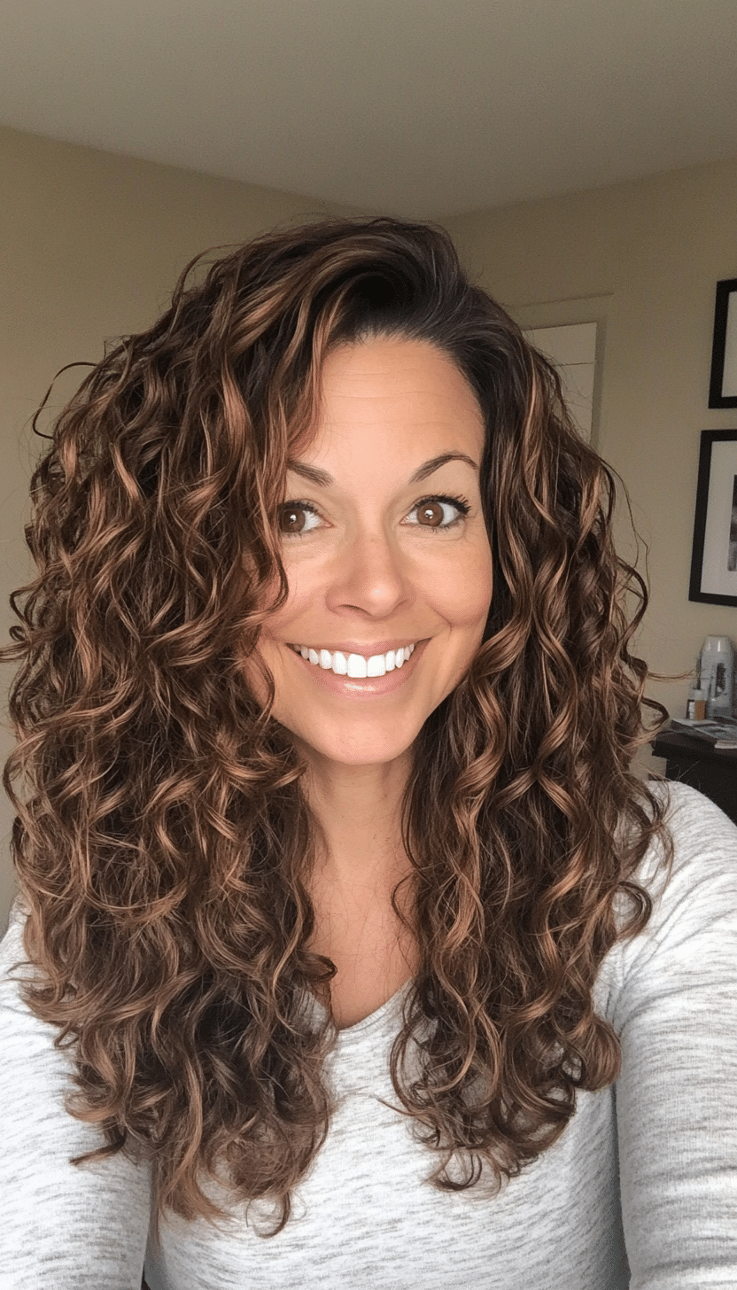 4. Loose Curly Lob in Caramel Brown (Curly Hairstyles For Women Over 40) - Curly Hairstyles For Women Over 40