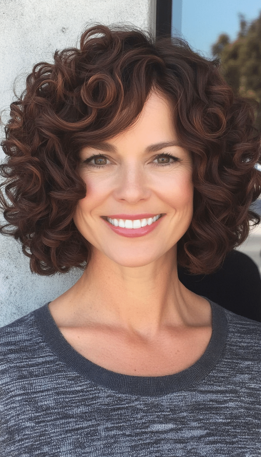 7. Rounded Curly Bob in Dark Auburn (Curly Hairstyles For Women Over 40) - Curly Hairstyles For Women Over 40