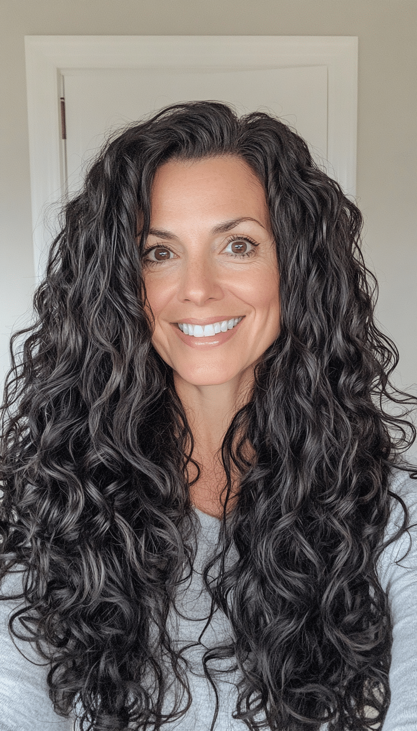 8. Long Cascading Curls in Natural Black (Curly Hairstyles For Women Over 40) - Curly Hairstyles For Women Over 40