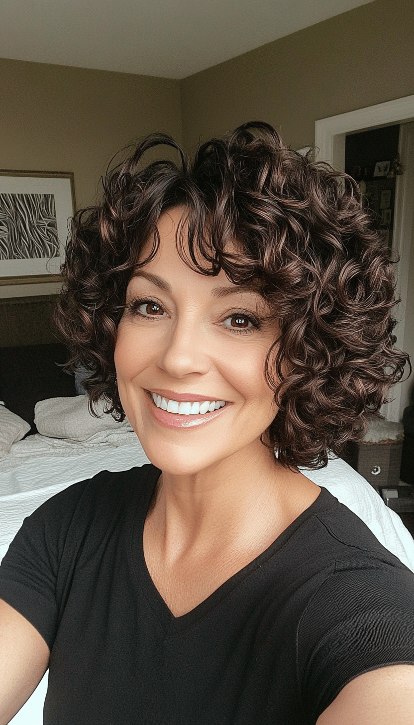 13. Tousled Curly Pixie in Deep Brown (Curly Hairstyles For Women Over 40) - Curly Hairstyles For Women Over 40