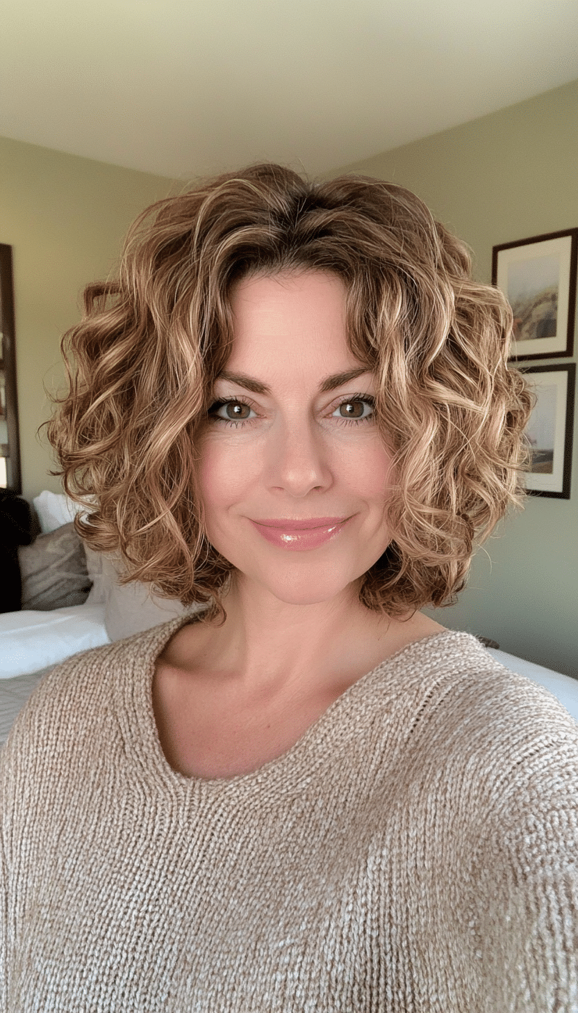 18. Curly Shoulder-Length Bob in Light Golden Brown (Curly Hairstyles For Women Over 40) - Curly Hairstyles For Women Over 40