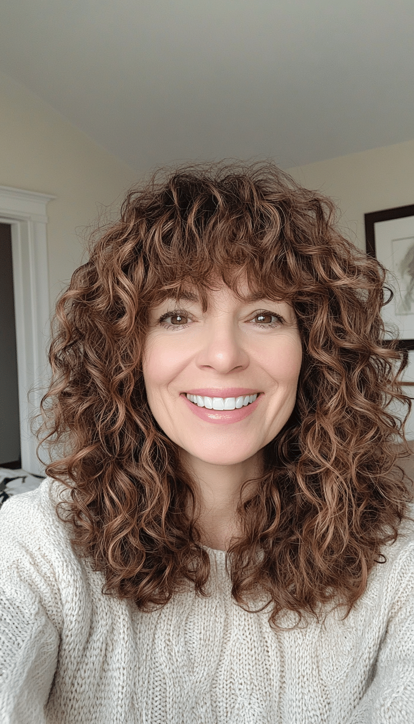 19. Shaggy Curls with Bangs in Medium Brown (Curly Hairstyles For Women Over 40) - Curly Hairstyles For Women Over 40